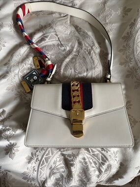 Authentic Gucci Sylvie Medium White Leather Red And Blue Strap Shoulder